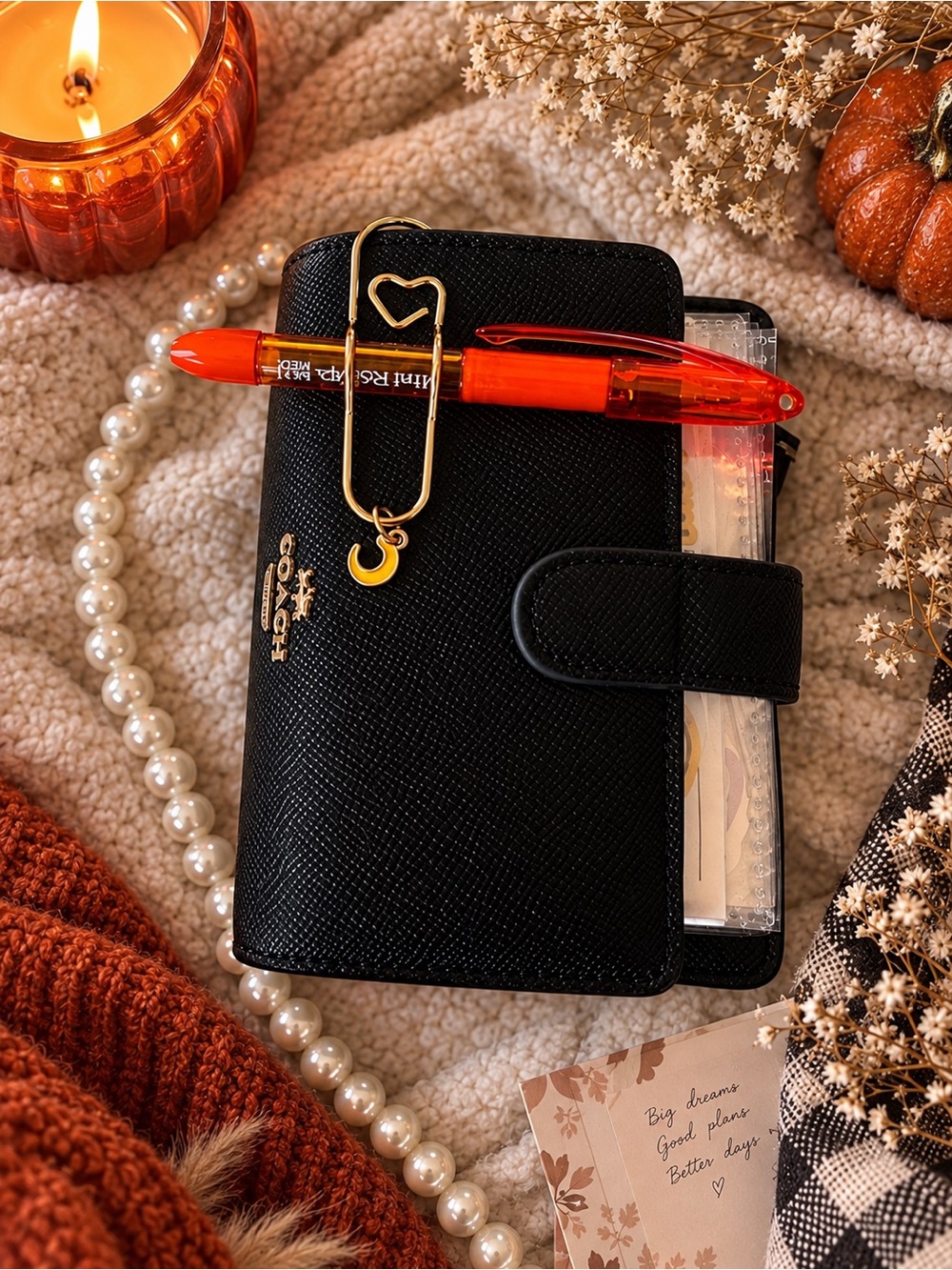 Coach Black Saffiano-Style Card Holder with Gold Moon & Heart Charm